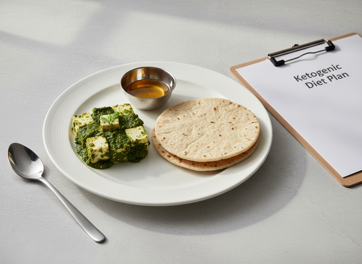 A neatly arranged white ceramic serving plate displaying a variety of classic ketogenic Indian dishes, such as palak paneer cubes, coconut-flour rotis, and a small bowl of ghee, all styled with precise, clean edges. The plate rests on a smooth, light grey stone tabletop with subtle texture, beside a closed, minimal clipboard labeled “Ketogenic Diet Plan” in crisp typography. Soft, diffused daylight from the side casts gentle, controlled shadows and subtle highlights on the glossy ceramics and metallic cutlery. The mood is professional, calm, and informative. Captured at a slightly elevated eye-level angle with balanced composition and sharp focus throughout, in a clean, corporate photographic realism style suitable for a medical-nutrition nonprofit website.