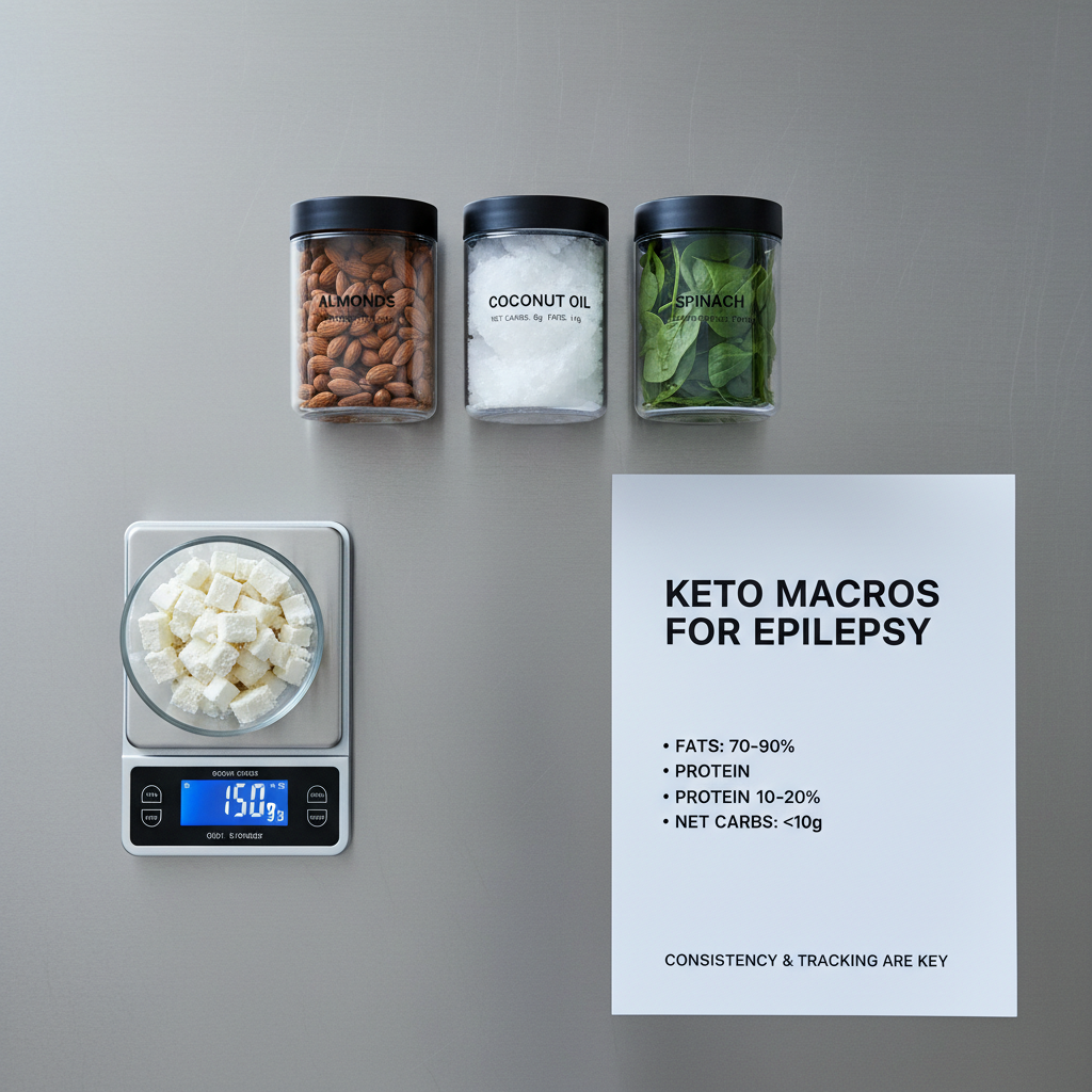 A modern, stainless-steel kitchen countertop with a digital food scale weighing a small glass bowl of chopped paneer, surrounded by labeled transparent containers of almonds, coconut oil, and spinach, each with clear, minimalist labels showing net carbs and fats. A structured, monochrome macro chart about “Keto Macros for Epilepsy” lies flat beside them, printed on thick matte paper. Cool, even studio lighting from above creates precise highlights on metal surfaces and crisp shadows that emphasize order. The composition uses rule of thirds, shot from a top-down perspective to emphasize structure and clarity. The atmosphere is methodical, data-driven, and reassuring, with a clean, corporate photographic aesthetic.